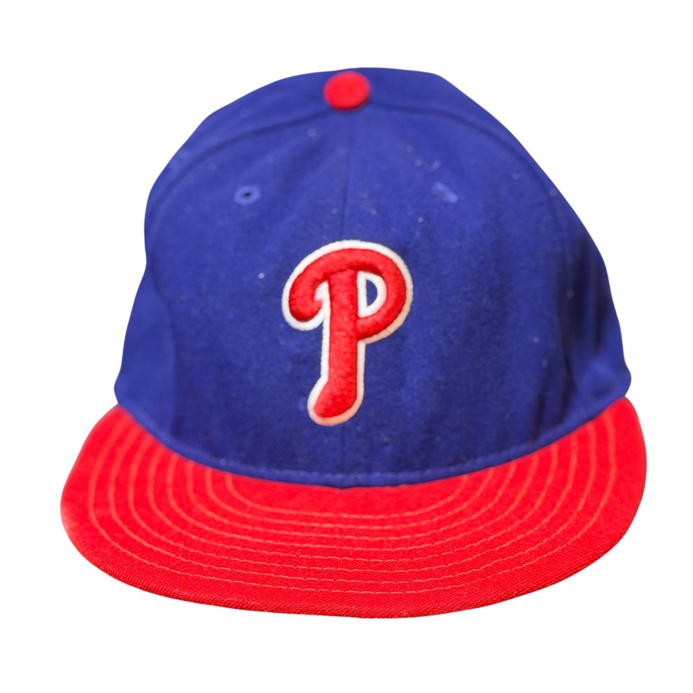 New Era Philadelphia Phillies Hat Mens 7 1/4 Blue Red Fitted MLB Cap Vintage